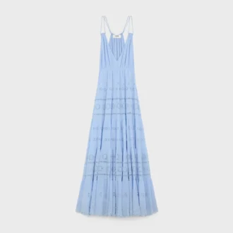 Besticktes langes Kleid aus Baumwoll-Seiden-Crepon