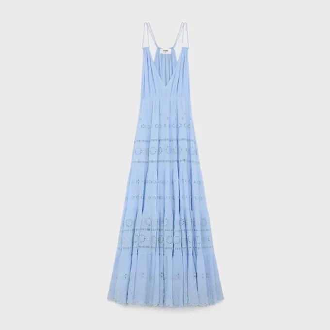 Besticktes langes Kleid aus Baumwoll-Seiden-Crepon Besticktes langes Kleid aus Baumwoll-Seiden-Crepon