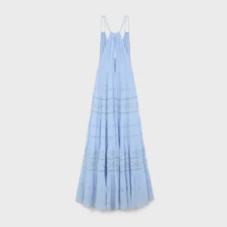 Besticktes langes Kleid aus Baumwoll-Seiden-Crepon