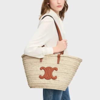 CELINE Classic Panier in mittlerer Größe aus Palmblättern und Kalbsleder