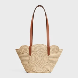 Celine Classic Panier Small, geflochtenes Triomphe-Modell aus Raffia und Kalbsleder