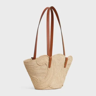 Celine Classic Panier Small, geflochtenes Triomphe-Modell aus Raffia und Kalbsleder