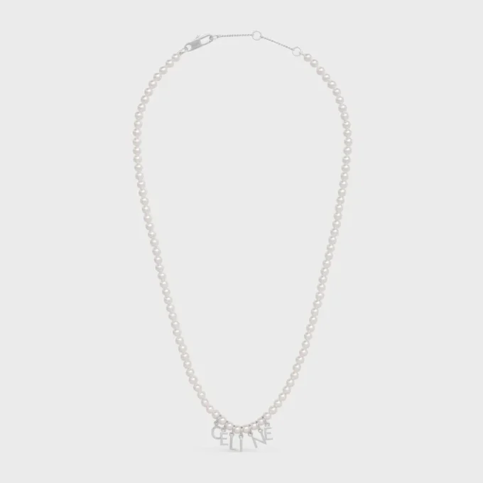 CELINE Monochroms Halskette aus Glasperlen und Messing mit Rhodium-Finish