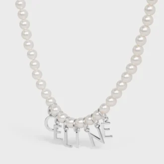 CELINE Monochroms Halskette aus Glasperlen und Messing mit Rhodium-Finish