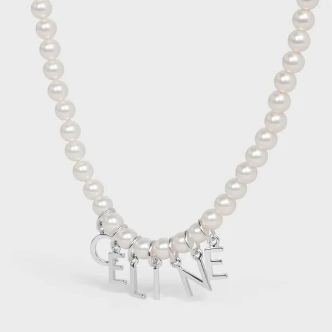 CELINE Monochroms Halskette aus Glasperlen und Messing mit Rhodium-Finish