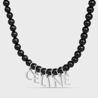 CELINE Monochroms Perlenkette aus Onyx und Messing mit Rhodium-Finish