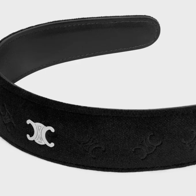 CELINE-Stirnband mit Prägung aus Kalbsleder, Polyester und Messing mit Rhodium-Finish