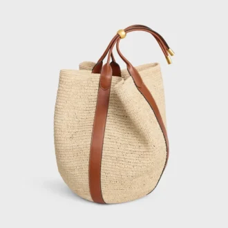 Große Beuteltasche aus Raffia und Kalbsleder