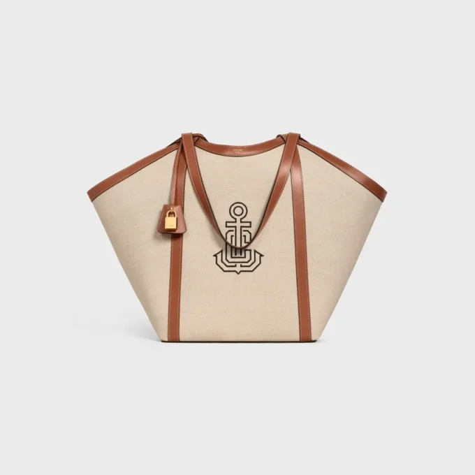 Große Cabas-Tasche aus Textil mit Anker-Stickerei und Kalbsleder