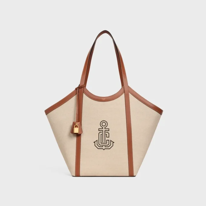 Große Cabas-Tasche aus Textil mit Anker-Stickerei und Kalbsleder