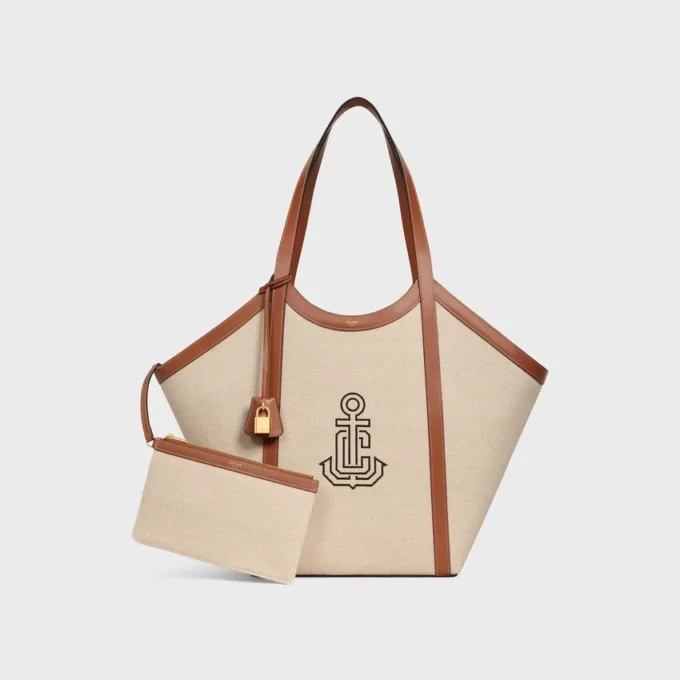 Große Cabas-Tasche aus Textil mit Anker-Stickerei und Kalbsleder