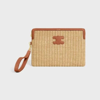 Kleine Tasche mit Riemen aus Textil in Raffia-Optik und Kalbsleder
