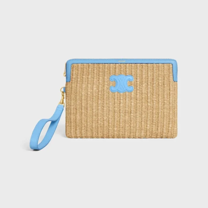 Kleine Tasche mit Riemen aus Textil in Raffia-Optik und Kalbsleder Kleine Tasche mit Riemen aus Textil in Raffia-Optik und Kalbsleder