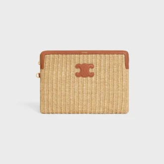 Kleine Tasche mit Riemen aus Textil in Raffia-Optik und Kalbsleder