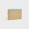 Kleine Tasche mit Riemen aus Textil in Raffia-Optik und Kalbsleder Kleine Tasche mit Riemen aus Textil in Raffia-Optik und Kalbsleder