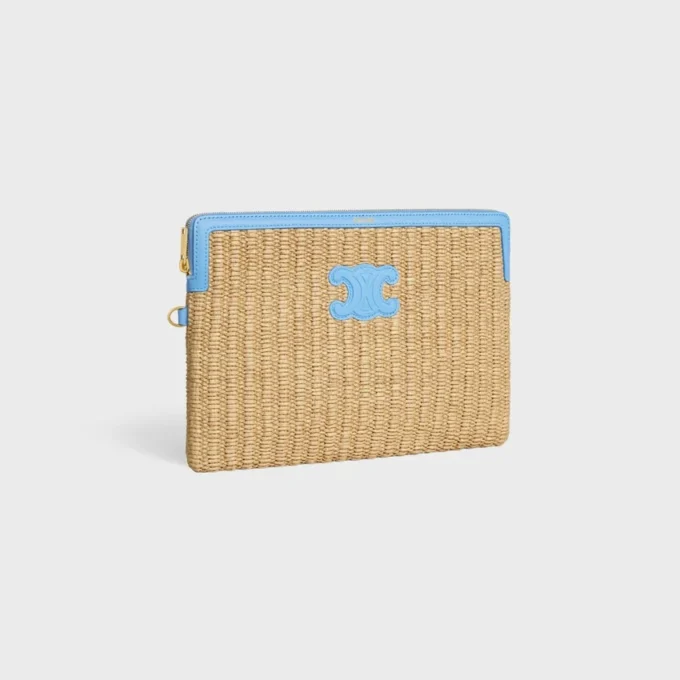 Kleine Tasche mit Riemen aus Textil in Raffia-Optik und Kalbsleder Kleine Tasche mit Riemen aus Textil in Raffia-Optik und Kalbsleder