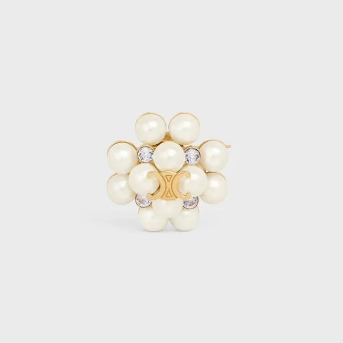 Les Perles CELINE Brosche aus Strass, Kunstharzperlen, Messing mit Goldfinish und Stahl Les Perles CELINE Brosche aus Strass, Kunstharzperlen, Messing mit Goldfinish und Stahl