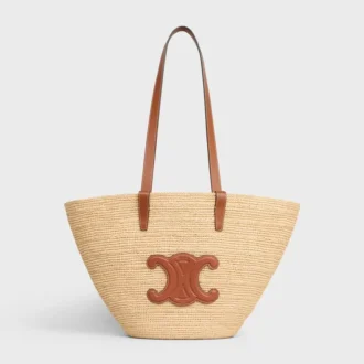 Mittlere, geschmeidige CELINE Classic Panier aus Raffia und Kalbsleder