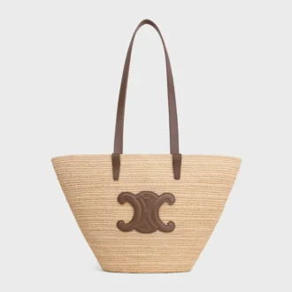 Mittlere, geschmeidige CELINE Classic Panier aus Raffia und Kalbsleder