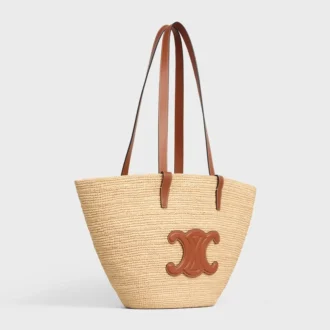 Mittlere, geschmeidige CELINE Classic Panier aus Raffia und Kalbsleder