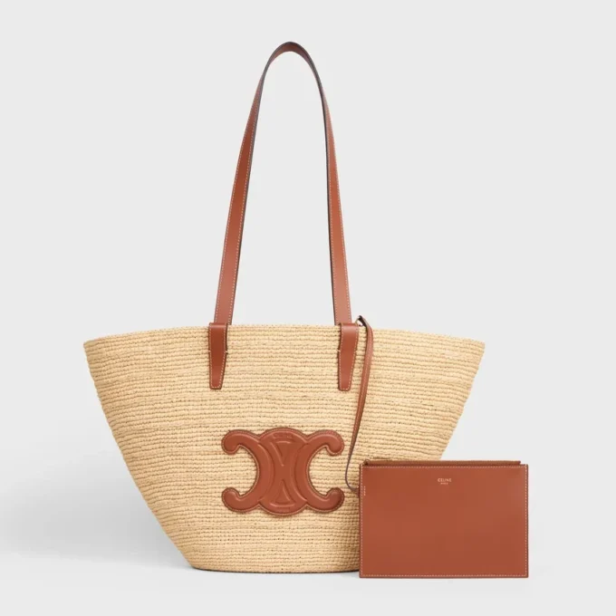 Mittlere, geschmeidige CELINE Classic Panier aus Raffia und Kalbsleder Mittlere, geschmeidige CELINE Classic Panier aus Raffia und Kalbsleder