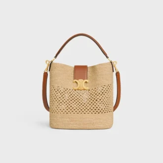 Mittlere Louise-Beuteltasche aus Raffia und Kalbsleder