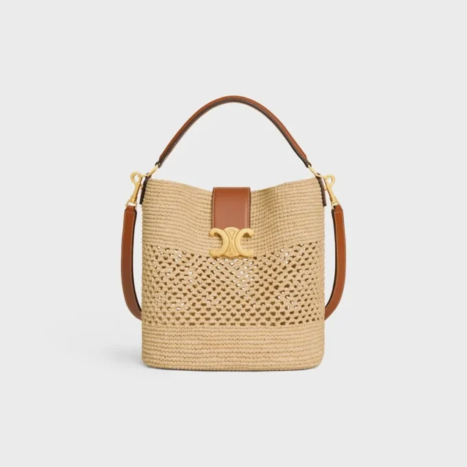 Mittlere Louise-Beuteltasche aus Raffia und Kalbsleder
