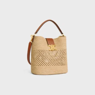 Mittlere Louise-Beuteltasche aus Raffia und Kalbsleder