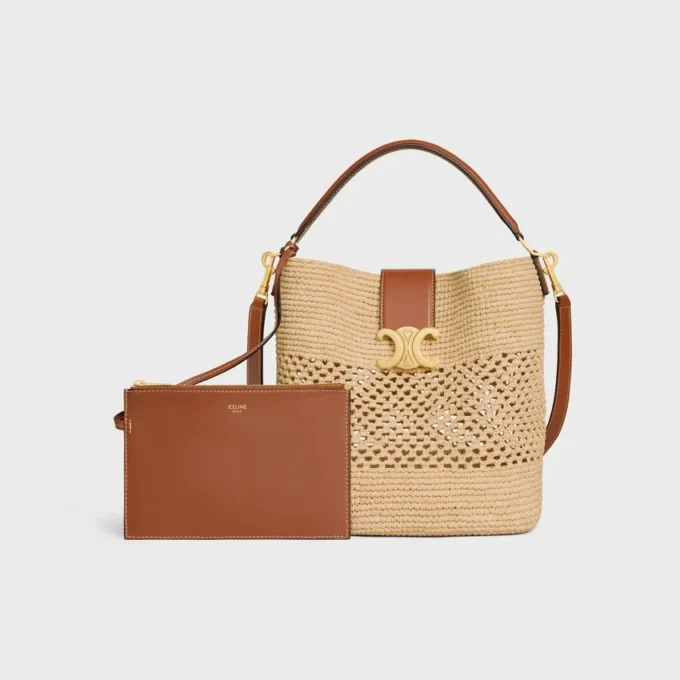 Mittlere Louise-Beuteltasche aus Raffia und Kalbsleder